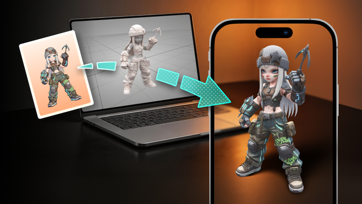 Kivicube Gen AI: 2D character to 3D model to interactive AR experience, demonstrating no-code AI-powered AR creation.